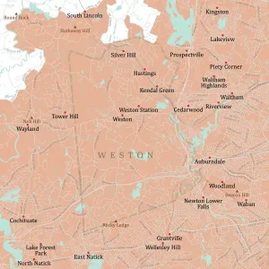 Massachusetts County Map Imprime: MA Middlesex Weston Vector Road Map