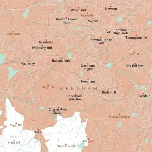 Public Domain Maps USA Imprime: MA Norfolk Needham Vector Road Map