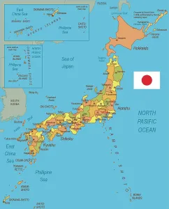Mapas De Referencia Imprime: Mapa de Japón con bandera.