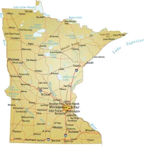 Impresiones de Ilustración vectorial de mapa de Minnesota con carreteras principales, ríos y lagos Nesophontidae Imprime: Mapa de Minnesota.