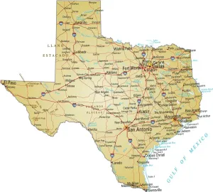 Impresiones de Ilustración vectorial del mapa de Texas con carreteras principales, ríos y lagos Estados Unidos De América Imprime: Mapa de Texas.