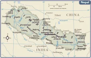 Mapa del país de Nepal.
