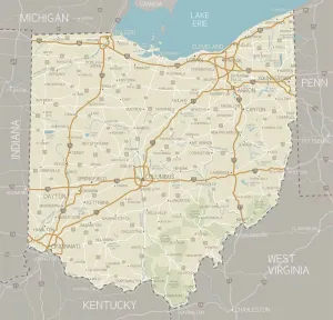 Impresiones de Un mapa detallado del estado de Ohio con ciudades, carreteras, ríos principales y lagos más bosques nacionales. Incluye estados vecinos y agua circundante Nesophontidae Imprime: Mapa de Ohio.