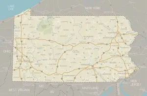 Impresiones de Un mapa detallado del estado de Pensilvania con ciudades, carreteras, ríos importantes y lagos. Incluye estados vecinos y agua circundante Nesophontidae Imprime: Mapa de Pensilvania
