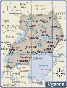 Impresiones de Edición de 2011 Uganda Imprime: Mapa del país de Uganda.