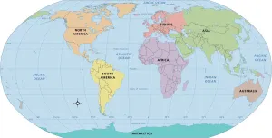 Mapa mundial, etiquetas de continentes.