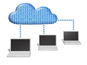 Cloud Computing Concept Imprime: Three notebooks connected to a cloud which is filled with binary code