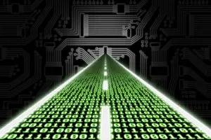 Computer Science Illustration Imprime: Road made of binary code leading towards a stylized circuit board
