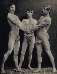 El Juramento de los Horacios, representan tres hombres desnudos tomando juramento.