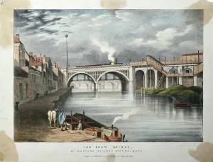 Puente Skew, Estación de Ferrocarril Great Western Railway, Bath c. 1840-70 (litografía coloreada sobre papel).
