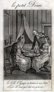 Black And White Domestic Scene Imprime: Little dinner. Olympe de Gouges (1748-1793), French woman of letters
