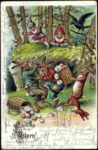 Easter Egg Hunt Postcard Imprime: Congratulations Easter, Easter bunnies fighting for Easter eggs