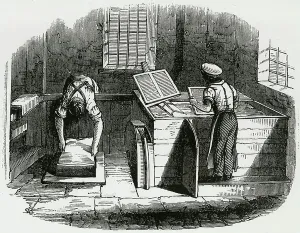 Manual Labor Jobs Imprime: Making paper by hand by sieving pulp in forms. Engraving 1845