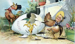 Easter Chick Imprime: Small chick labelled Prosperity hatching from an egg labelled Easter, 1897