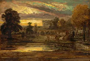 British Landscape Painter Imprime: Cattle at a Pool at Sunrise Signed and dated, lower left: JW RA 1827