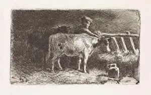 Small Farm Animals Imprime: Farmer between two cows in a stable (small version), Jan Vrolijk, 1860 - 1894