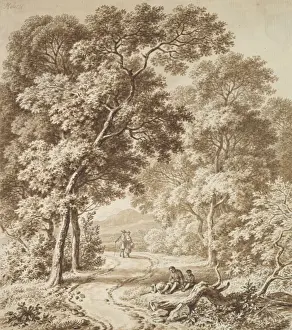Late 18th Century Drawings Imprime: Path Bordered Trees two Beggars Couple Strolling