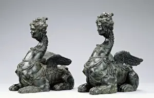 Italian Bronze Sculptures Imprime: Two Sphinxes (Accompanied by a Pair of Volute Scrolls)