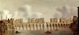 17th Century Architecture Imprime: View of London Bridge Signed and dated, lower left: C. D. Jongh, Fexit 1632