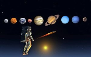 Planetary Science Images Imprime: An astronaut exploring our solar system of planets using rocket technology