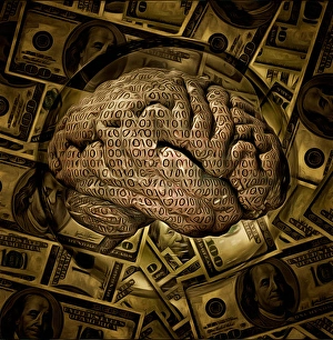 Cerebro binario en una bola de cristal con dólares de fondo.