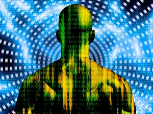 Binary Code Concept Imprime: Binary code streaming and man