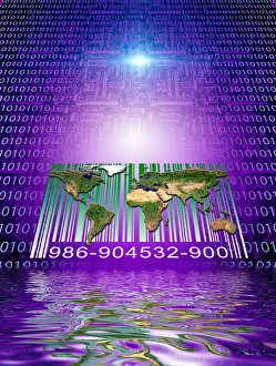Binary code, world map and bar code