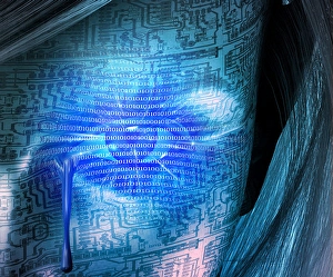 Artificial Intelligence Concept Imprime: Cyborg woman cries. Binary code, circuit pattern