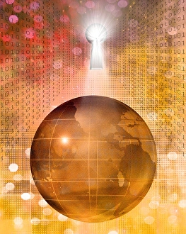 Electronic Data Protection Imprime: Earth, binary code and key hole