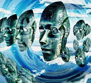 Artificial Intelligence Technology Imprime: Electronic Faces hovers. 3D rendering