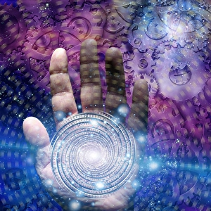 Abstract Spiral Design Imprime: Hand with time vortex and gears