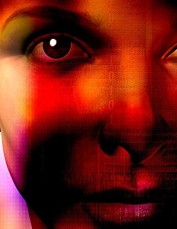 Digital Communication Network Imprime: Human face technology. Binary code