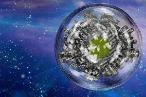 Futuristic Cityscape Imprime: Large city ship orbits in space