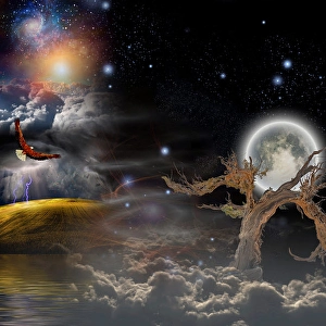 Full Moon Landscape Imprime: Full moon and old tree in clouds