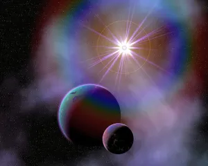 Futuristic Space Art Imprime: Binary worlds orbiting each other