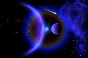 Outer Space Images Imprime: A wandering comet passing a pair of binary planets