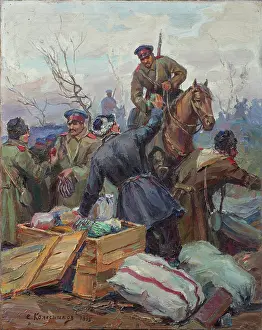 WWI Battlefield Scene Imprime: The distribution of Easter presents at the front