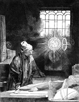 Impresiones de 'Dr Fausto en su estudio. Grabado basado en la pintura original de Rembrandt, del necromante o astrólogo que vende su alma al diablo a cambio de conocimiento y poder Imágenes fechadas en febrero de 2007: 'Dr Fausto en su Estudio'.