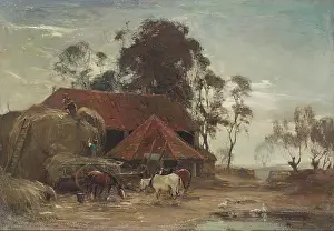 Agricultural Landscape Art Imprime: Evening - Building the Stack, c1870-1920. Creator: James Lawton Wingate