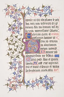 Hoja iluminada con inicial E (recto); Bordado de vid (verso), 1830-62.