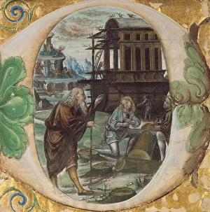 Illuminated Manuscript Examples Imprime: Initial D: Noah Directing the Construction of the Ark; Antiphonal