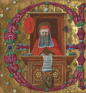 Saint Jerome Study Imprime: Initial E: Saint Jerome in His Study, about 1470-1480. Creator: Master of the Birago Hours