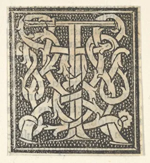 Art Centre Gallery Images Imprime: Initial letter T on patterned background, 1520. 1520. Creator: Anon