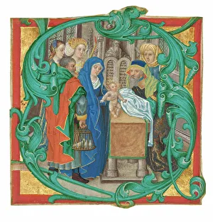 Gold Leaf Artwork Imprime: Initial S: The Presentation in the Temple, about 1475-1500. Creator: Unknown