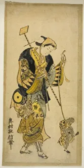 Heritage Animal Artwork Imprime: A Monkey Trainer and His Monkey, c. 1725. Creator: Okumura Masanobu