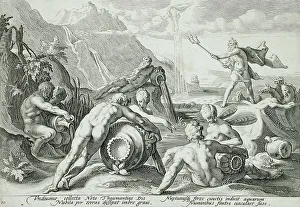 Black And White Dutch Art Imprime: Neptune Plotting the Destruction of Man, published 1589. Creator: Hendrik Goltzius