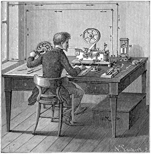 American Innovation History Imprime: Operator receiving a message in Morse code on an electric printing telegraph, 1887