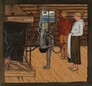 Agricultural Worker Painting Imprime: The Poor Devil by the Fire; The Devil by the Pot, 1897. Creator: Hugo Simberg