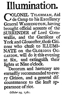 American Revolutionary War Imprime: Proclamation of illuminations commemorating the surrender of General Cornwallis