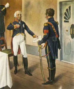 Cigarette Card Album Collection Imprime: Prussian General Courbiere, Commandant of Graudenz, and French envoy Savary, 1807, (1936)